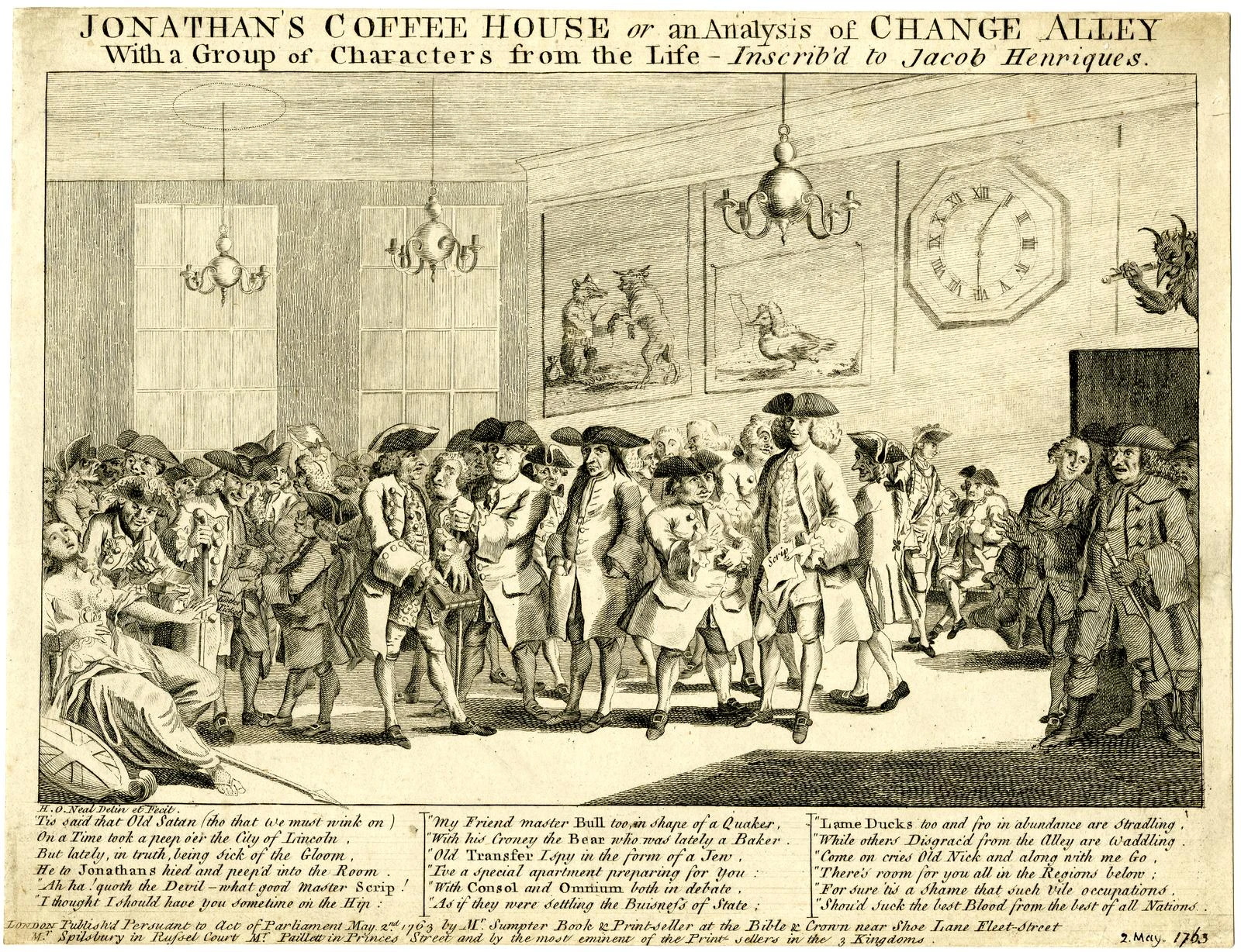 Сатирическая гравюра «Кофейня Джонатана» (1763 год), высмеивающая нравы биржевых торговцев и финансовые махинации. Источник: Википедия