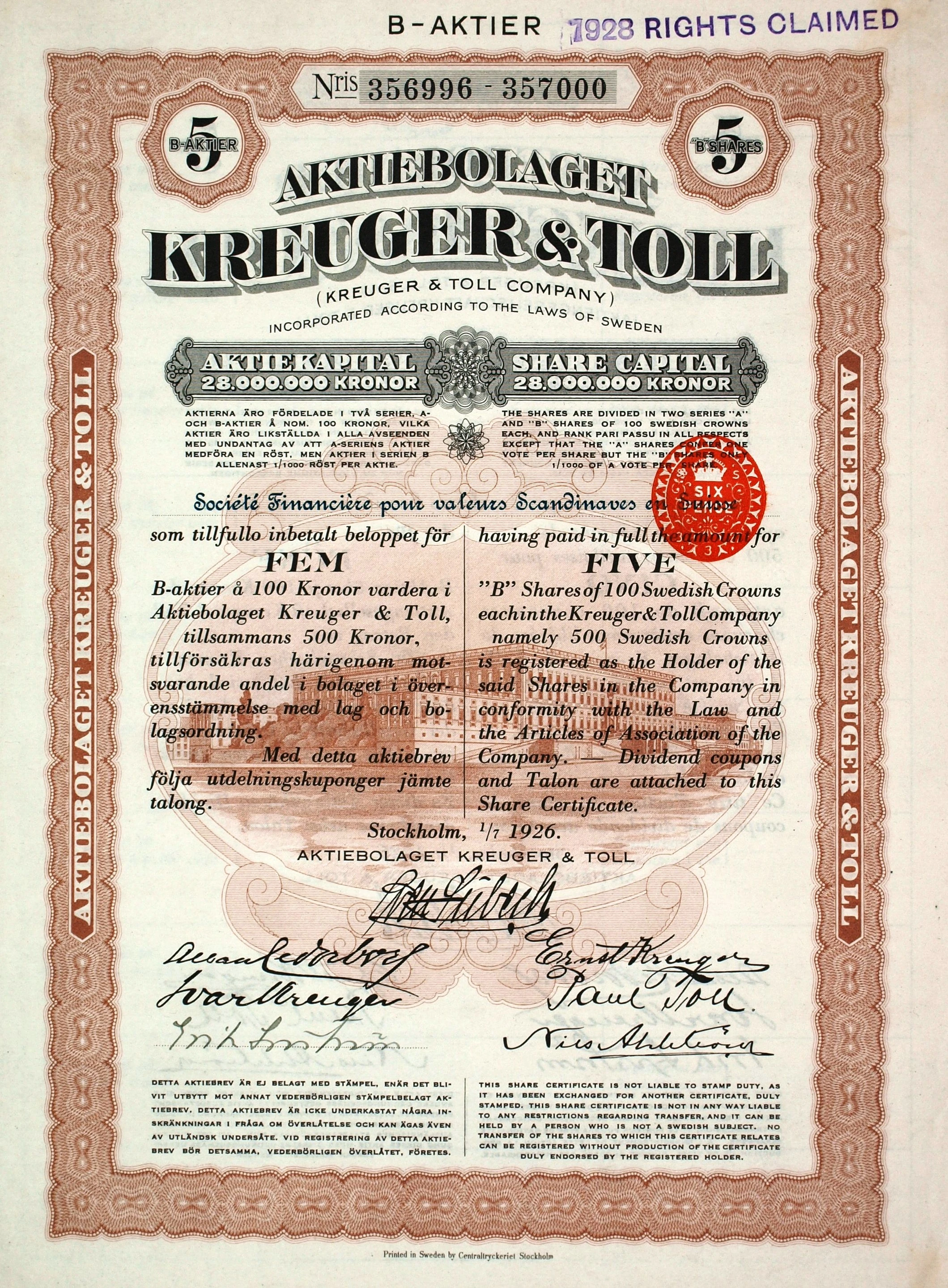 Акция категории «B» компании AB Kreuger & Toll, выпущенная 1 июля 1926 года. Фото: Wiki