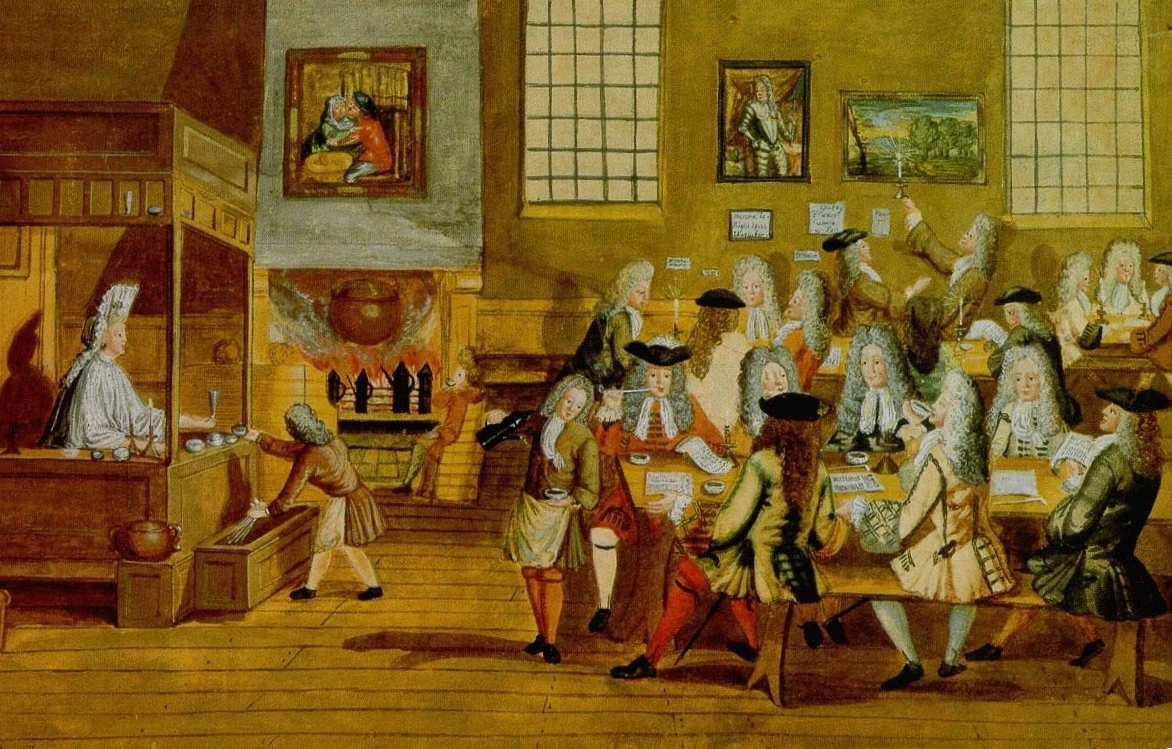Посетители лондонской кофейни. Неизвестный художник, гуашь, около 1705 года
