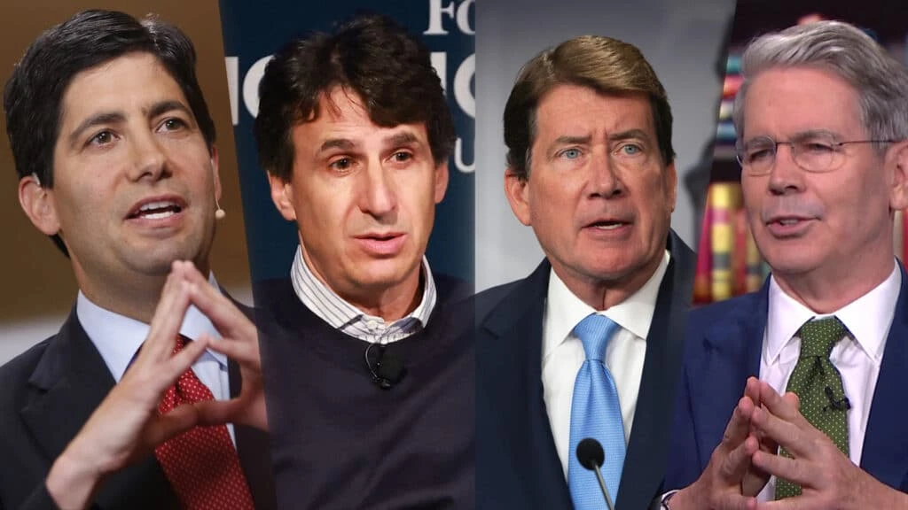 На фото — кандидаты на пост главы Минфина США, которых рассматривал Трамп. Это Кевин Уорш, Марк Роуэн, Билл Хейгерти и Скотт Бессент. Фото: коллаж kursiv.media