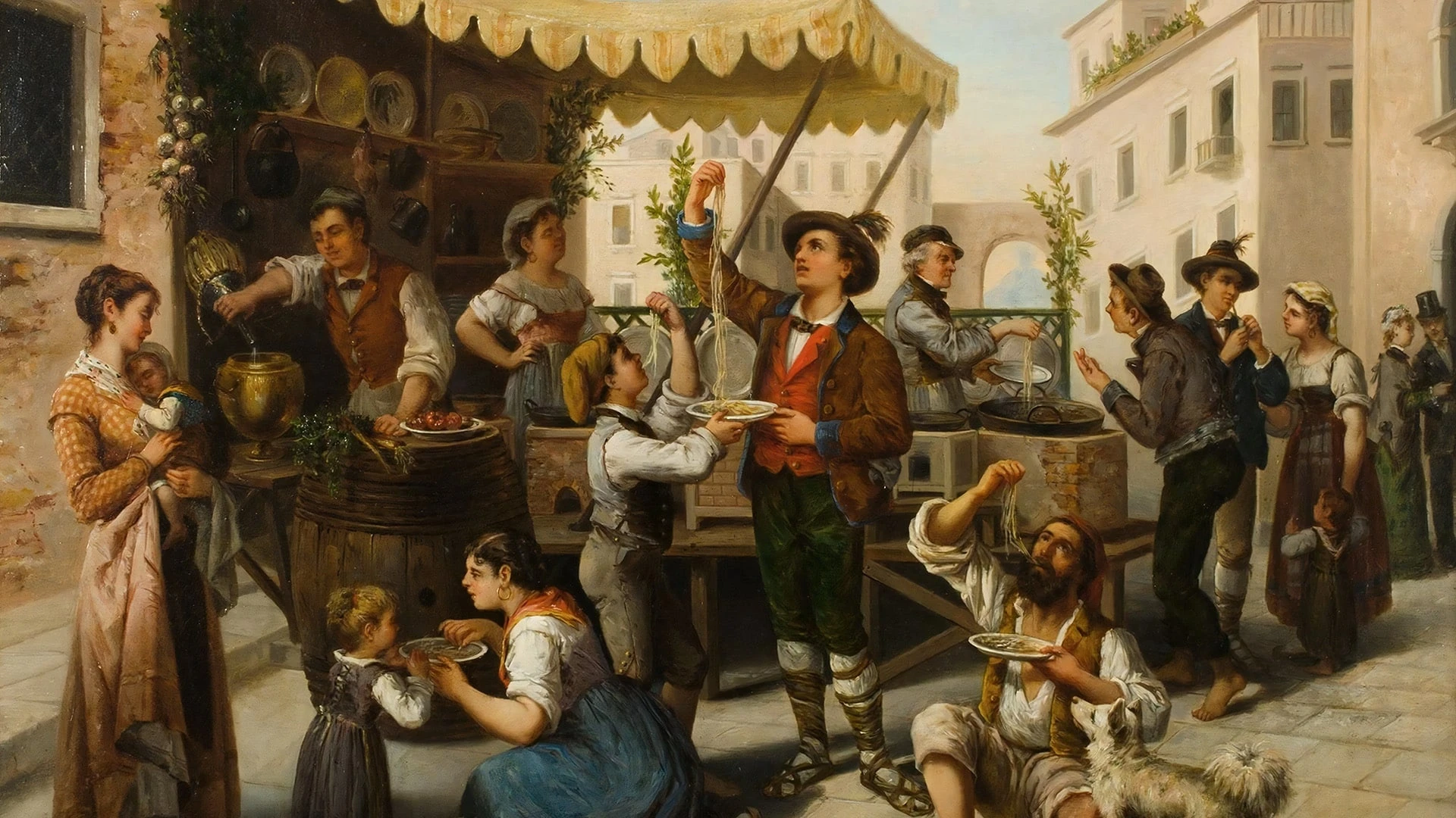 История любви итальянцев к макаронам — многовековая. Ф. Милани. Любители пасты. Фото: mutualart.com.