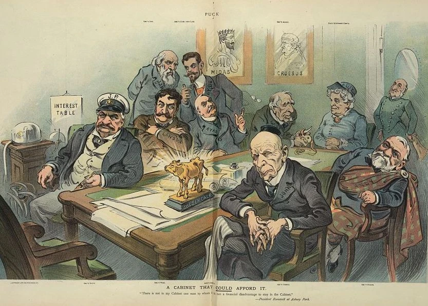 Cartoon from *Puck* magazine: Hetty Green is the only woman in a fictional U.S. “cabinet,” where the roles of politicians are filled by America’s wealthiest people. Source: J. S. Pughe, Public domain, via Wikimedia Commons