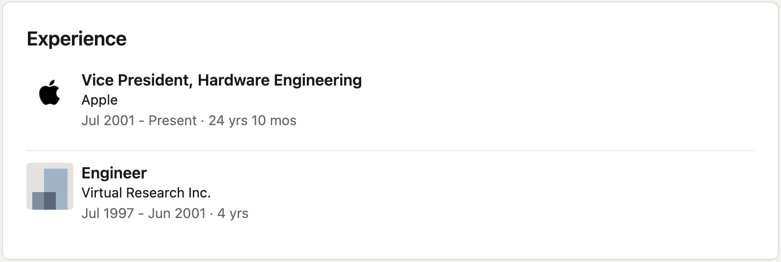 В LinkedIn Тернуса указано лишь одно место работы, кроме Apple: он четыре года был инженером в компании, занимавшейся виртуальной реальностью