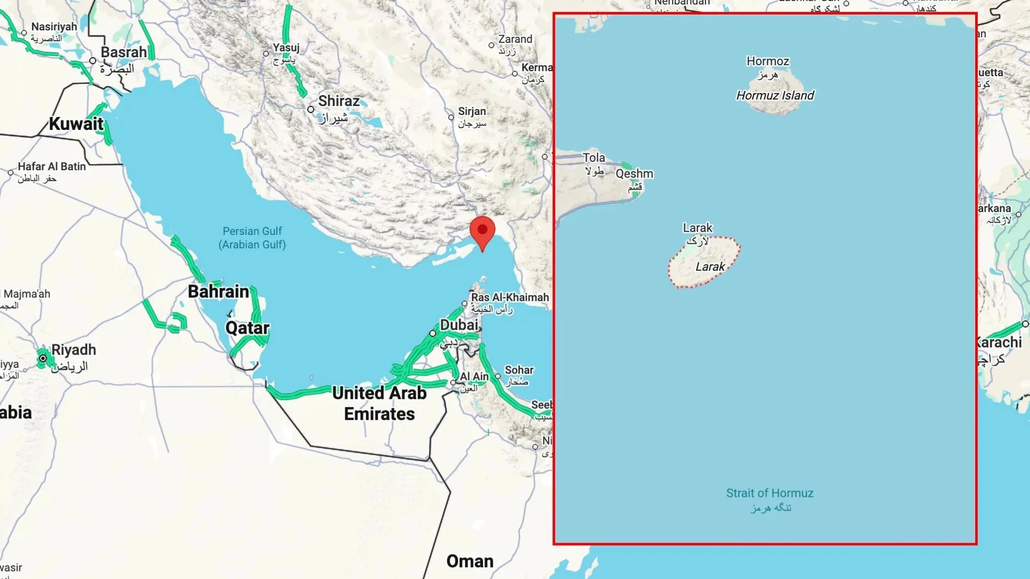 Все желающие выйти из Персидского залива суда теперь следуют по контролируемому КСИР коридору — через территориальные воды Ирана к северу от острова Ларак / Фото: Google Maps